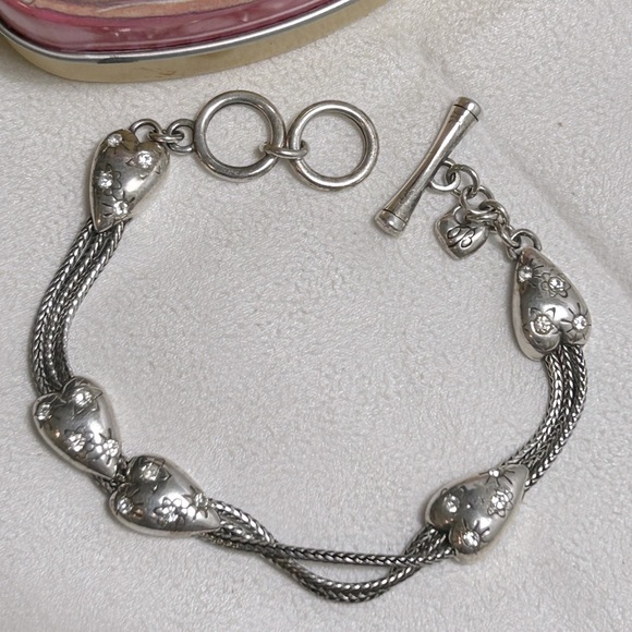 Brighton Sparkling Heart Bracelet Silver Plated Vintage Crystals 8" & Small Tin - Picture 3 of 10